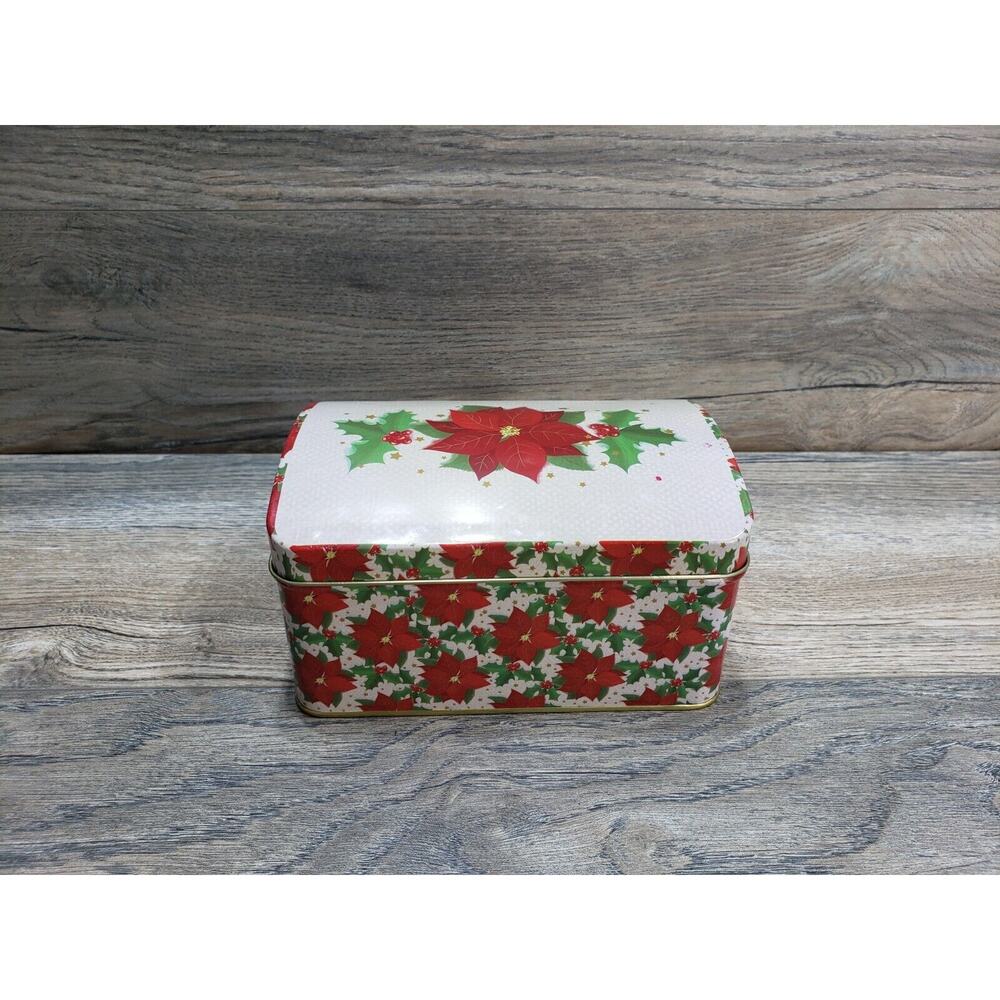 Greenbrier Christmas Chest Tin Red Poinsettias Empty